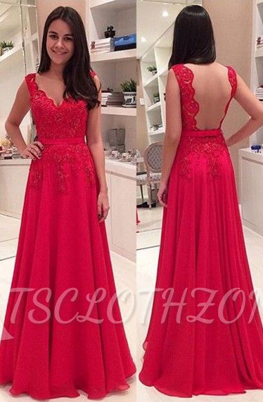 A-Line Red Elegant Floor Length Prom Dress Lace Applique Open Back Evening Dresses