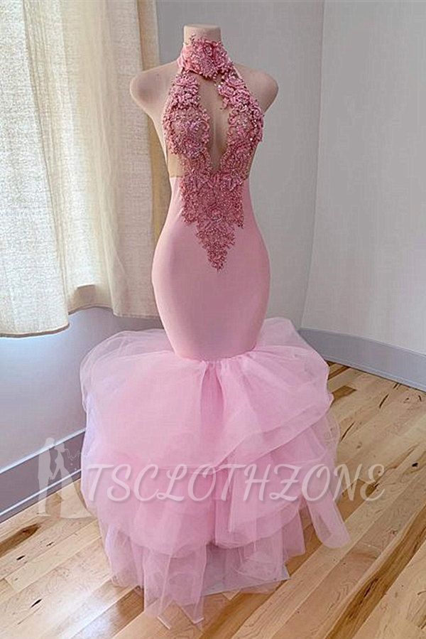 High neck mermaid lace prom dress with ruffles