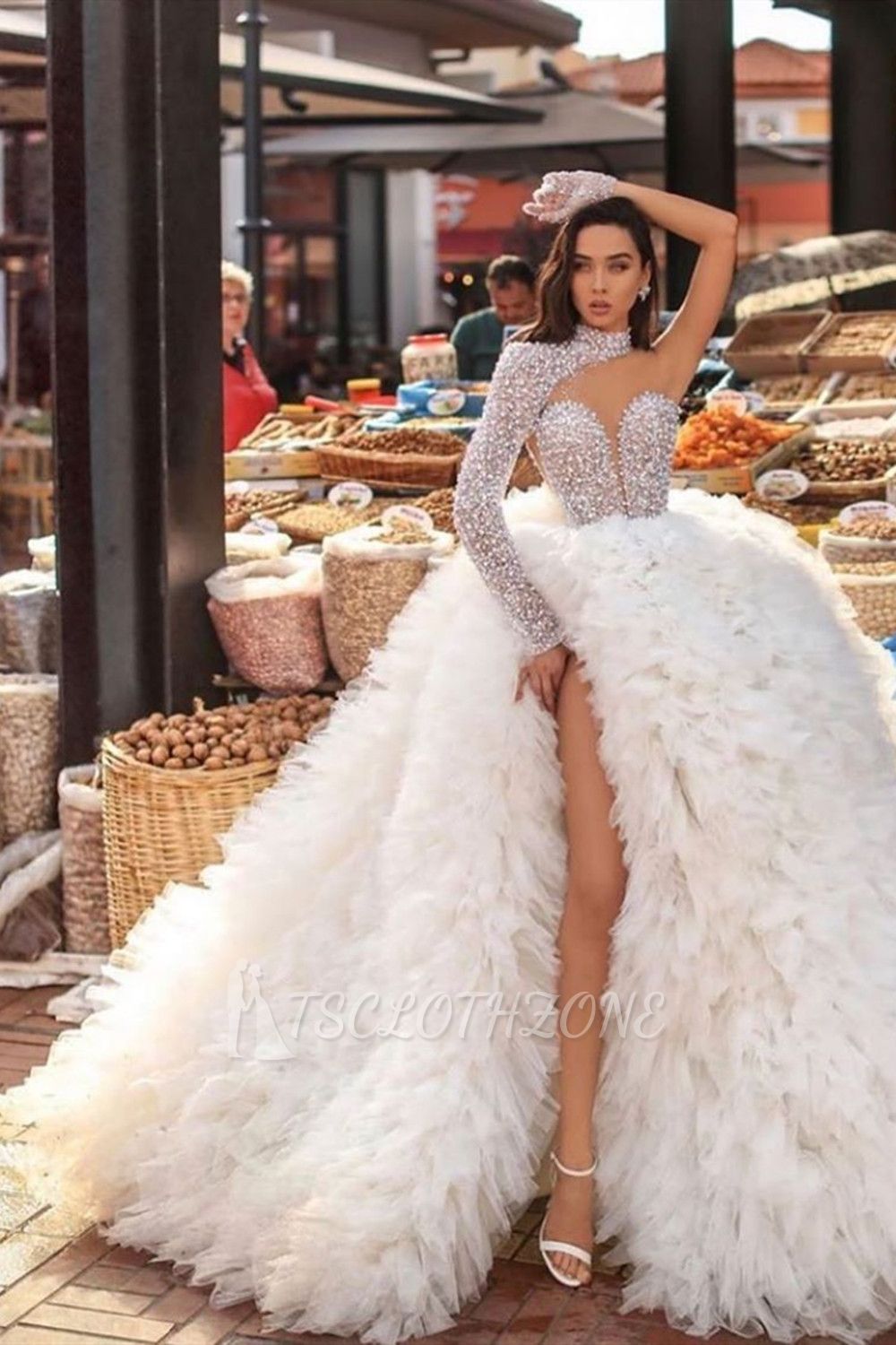 Sexy One Shoulder Feather Splitfront Wedding Party Gown Glitter Sequins