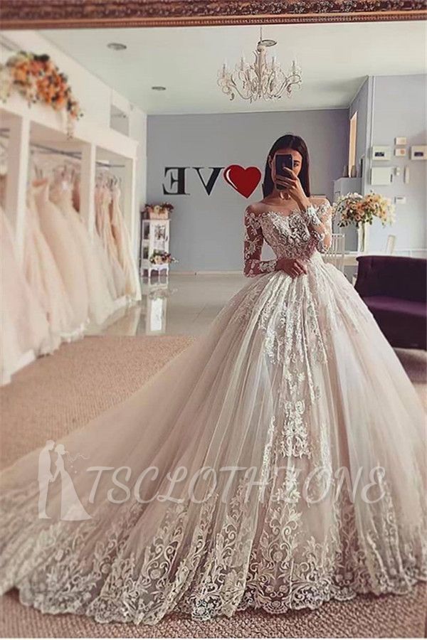 Delicate Lace Appliques Ball Gown Wedding Dress|Long Sleeve Off-the-Shoulder Bridal Gowns