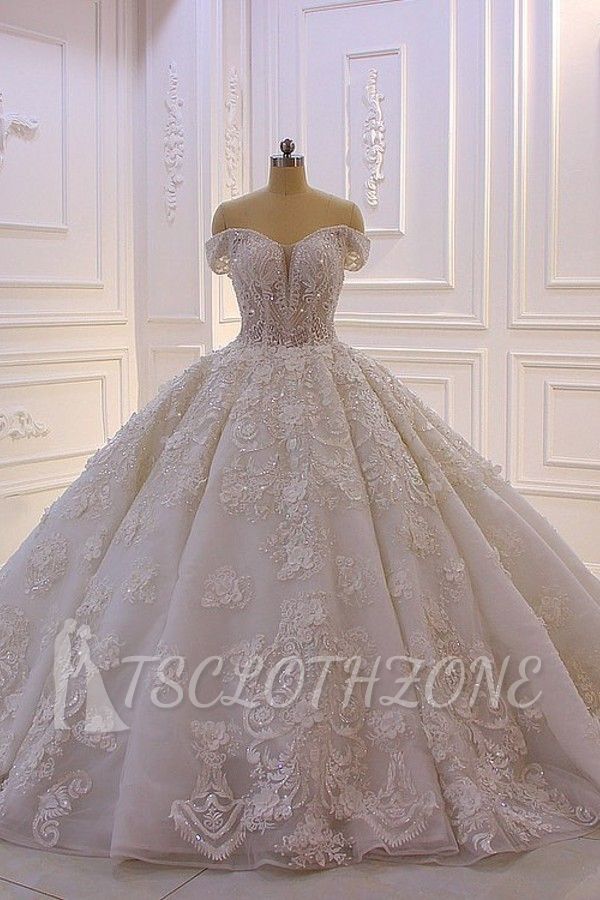 Off Shoulder 3D Floral Appliques Ball Gown with Cathedral Gown
