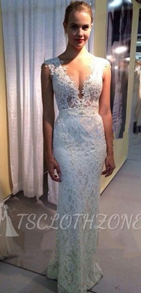 Sexy Deep V-Neck Sheath Wedding Dress Lace Zipper Floor Length Bridal Gown