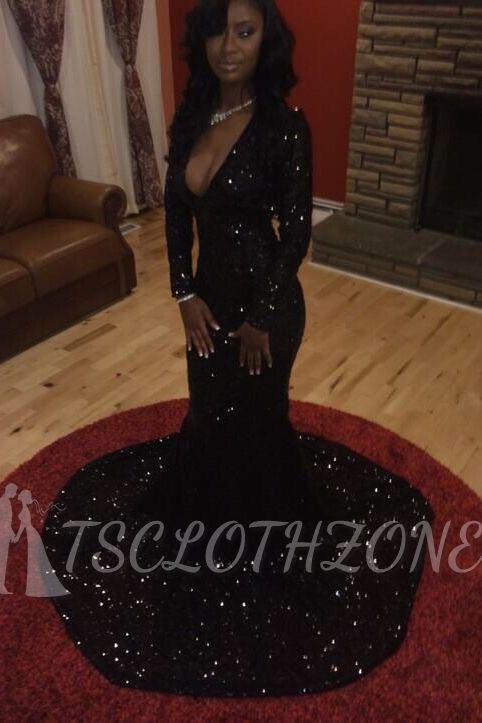 Sparkly Black Sequins Long-Sleeves Deep-V-Neck Alluring Prom Dresses