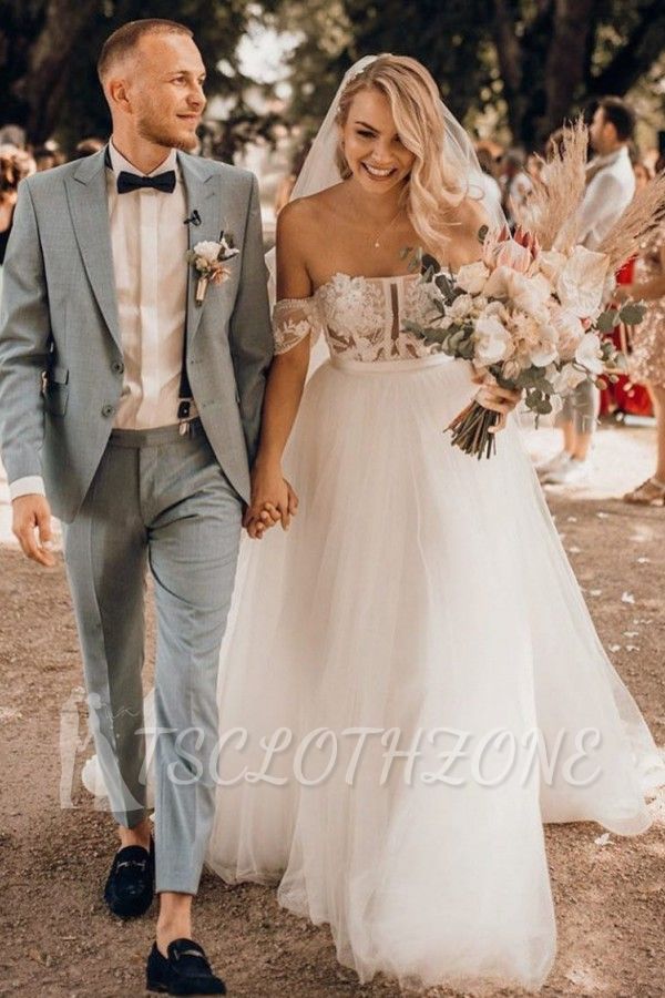 Designer A-Line Card-Shoulder Lace-Tulle Wedding Dress