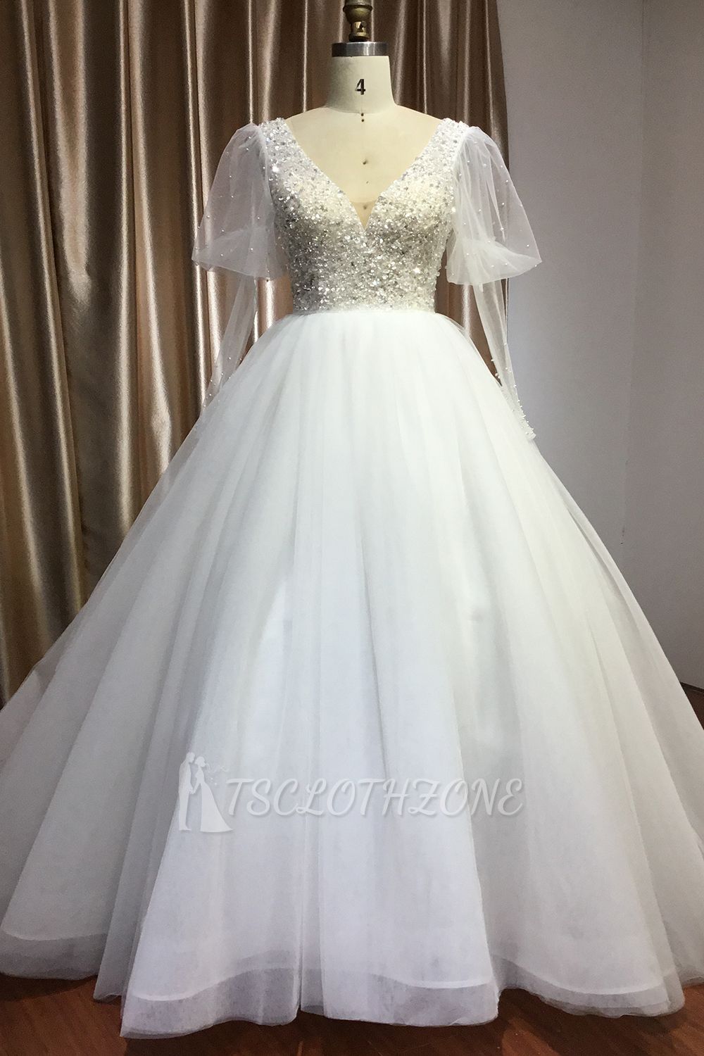 Amazing Cap Sleeves Glitter Sequins Aline Wedding Dress V-Neck White Bridal Gown