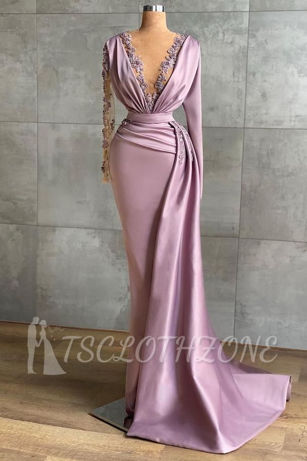Charming lilac long sleeve Mermaid Prom Dress Satin deep V-neck evening dress with side tail