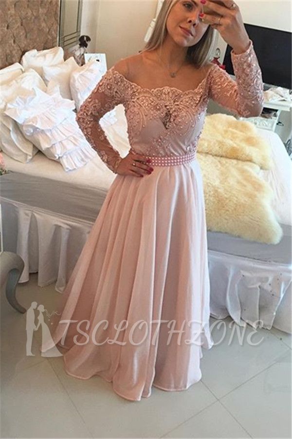 Latest Pink Long Sleeve Evening Gown A-Line Lace Chiffon 2022 Prom Dress
