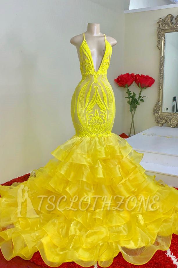 Yellow tulle sleeveless mermaid prom dress with ruffles