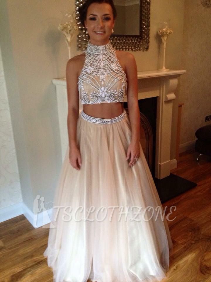 High Collar Two Pieces Crystal Prom Dress A-Line Halter Beadings Tulle Evening Gown