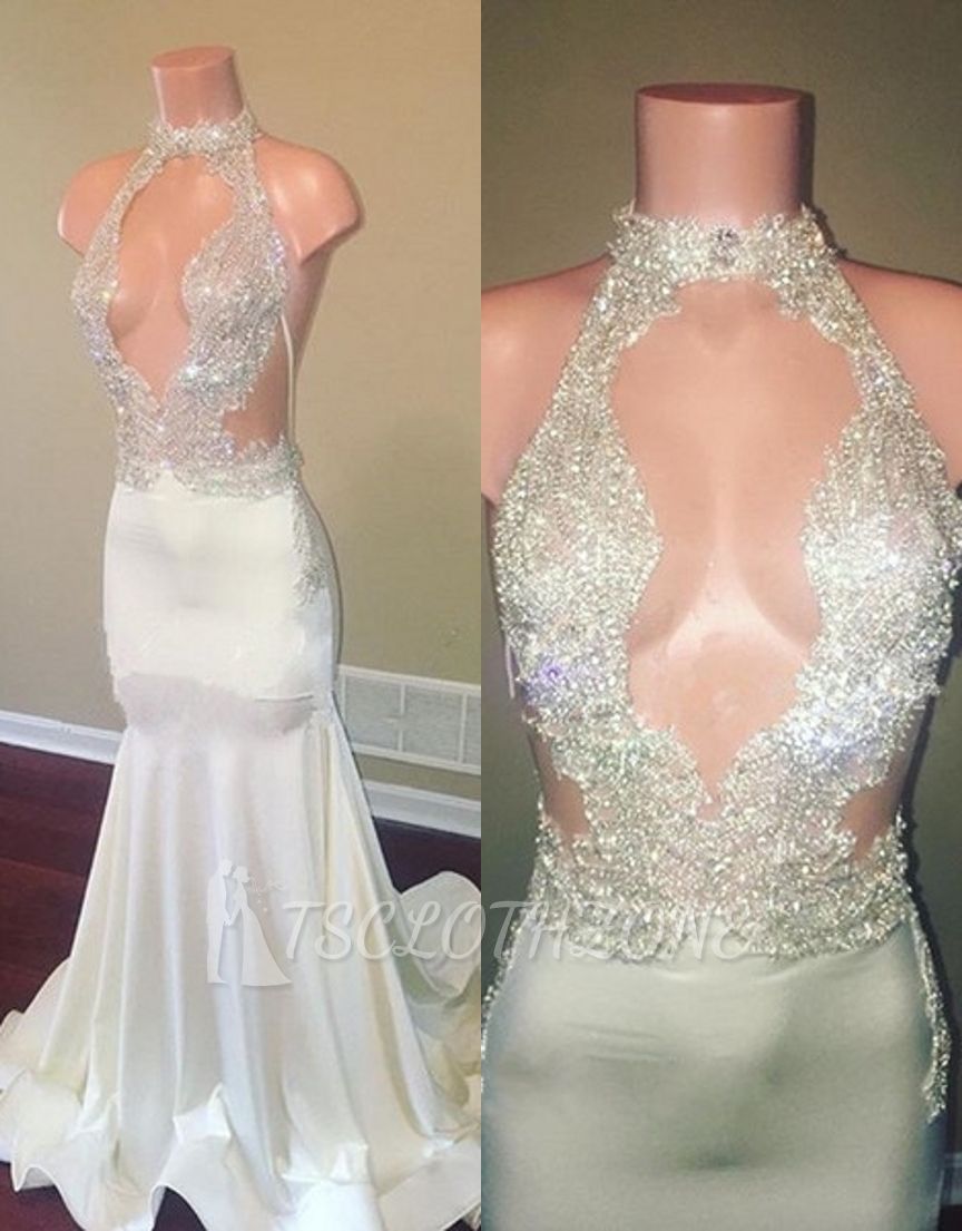 Halfter Sleeveless Sheer Appliques High Neck Mermaid Prom Dresses