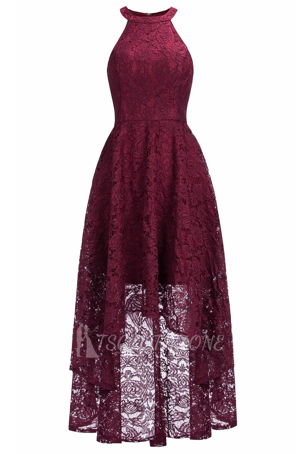 Halter Sleeveless Sheath Asymmetrical Burgundy Lace Dresses