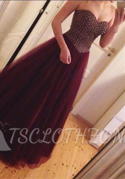 Crystal Sweetheart Burgundy Tulle 2022 Prom Dress A-Line Beading Floor Length Party Dress