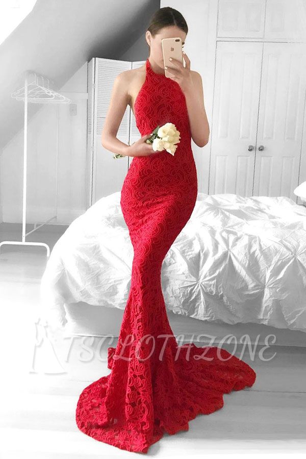 Halter Sheath Red Lace Evening Dress 2022 Backless Mermaid Sexy Cheap Prom Gown
