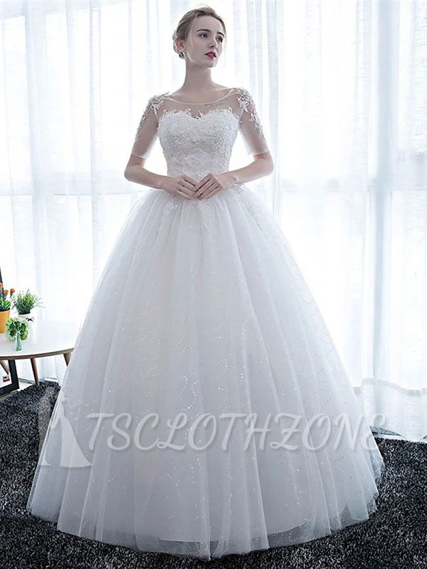 Half Sleeves Tulle White Lace Ruffles Ball Gown Wedding Dresses