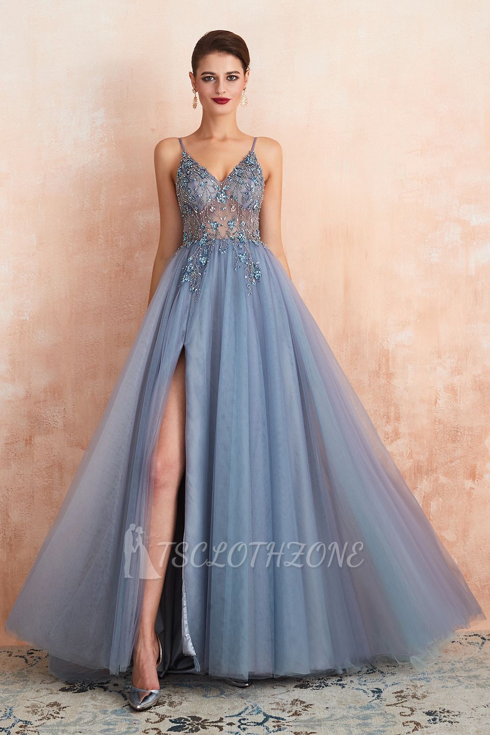 Charlotte | New Arrival Dusty Blue, Pink Spaghetti Strap Prom Dress with  Sexy High Split, Evening Gowns Online | tsclothzone
