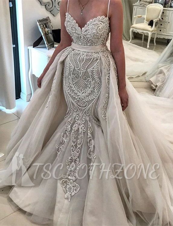 Glamorous Spaghetti-Sreaps Lace Wedding Dress| Ruffles Overskirt Bridal Gowns