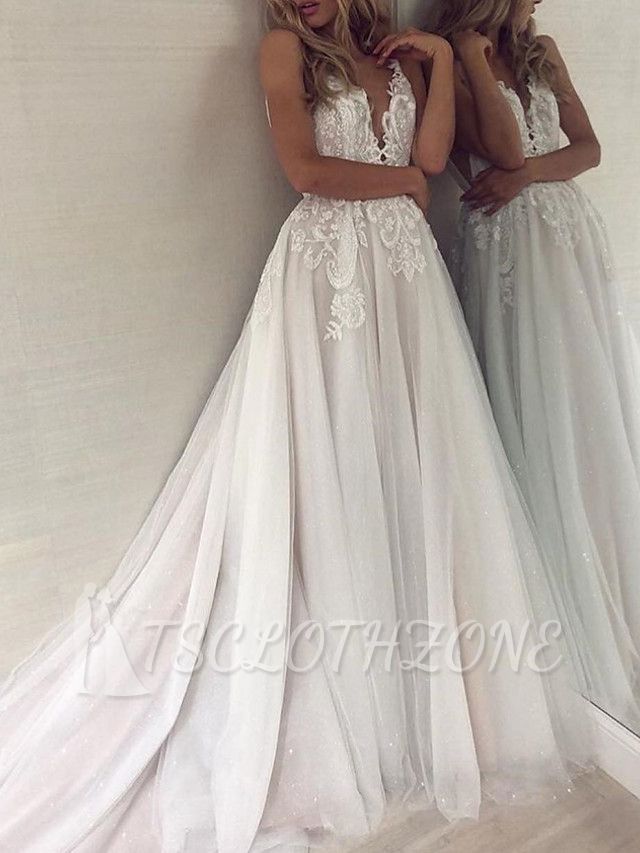 A-Line Wedding Dress V-neck Polyester Spaghetti Strap Bridal Gowns Formal Boho Plus Size with Court Train