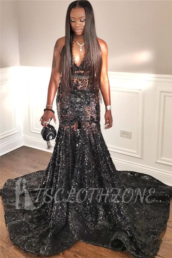 Sexy Backless Black Lace Prom Dresses Cheap | Sleeveless Mermaid Halter Evening Gowns Long