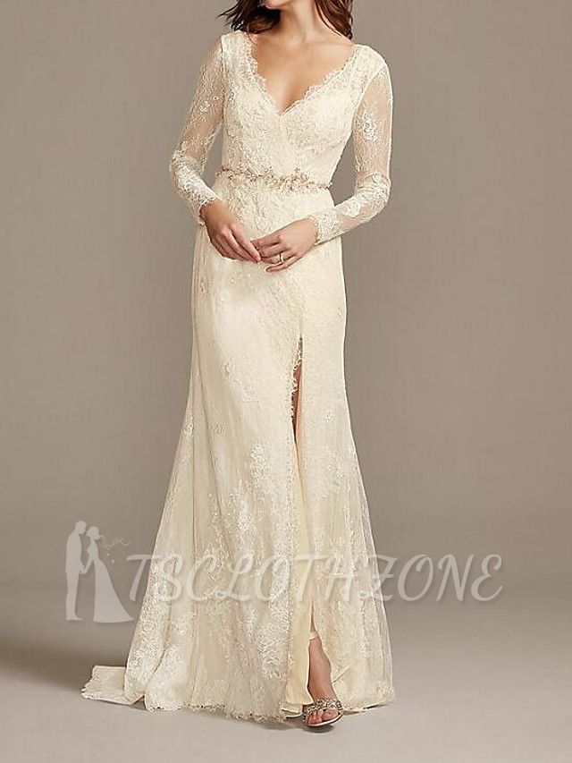 Country Plus Size A-Line Wedding Dress V-neck Lace Satin Long Sleeve Bridal Gowns