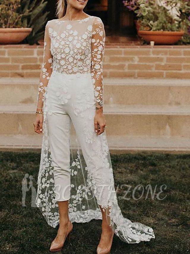 Sexy See-Through Jumpsuits A-Line Wedding Dress Jewel Lace Satin Long Sleeves Modern Bridal Gowns with Sweep Train