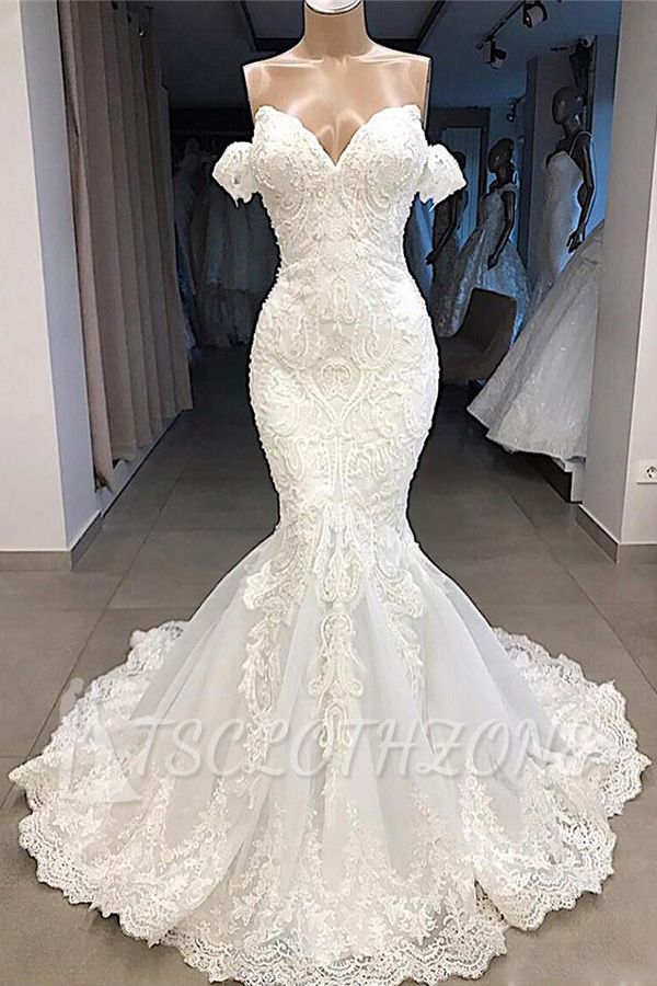 Amazing Sweetheart Mermaid White Wedding Dress | Off the shoulder Lace Bridal Gowns Online