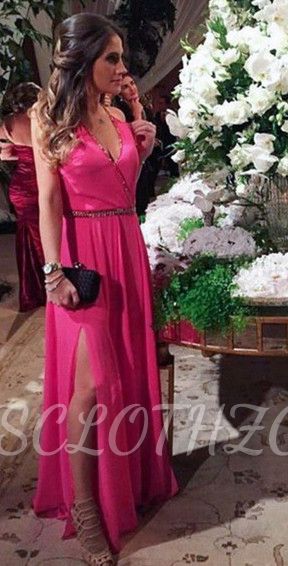 A-Line Fuchsia V-Neck 2022 Prom Dresses Beading Split Side Floor Length Party Gowns