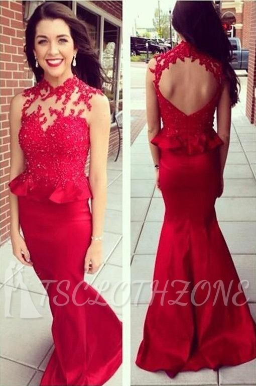 Red High Collar Lce Mermaid Evening Gowns with Beadings Sexy Open Back Long Prom Dress