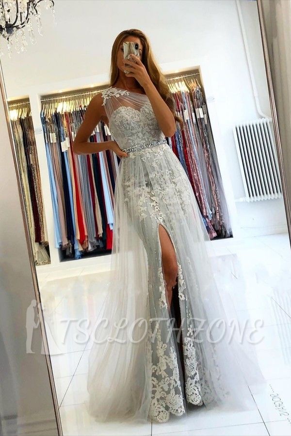 Charming Sleeveless Lace Mermaid Evening Dress with Side Split Tulle Train