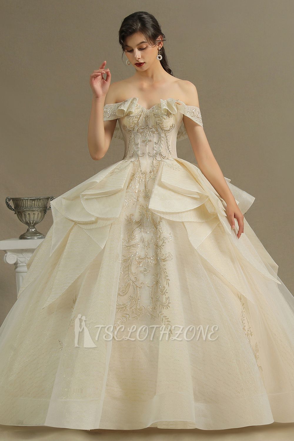 Gorgeous Off-the-Shoulder Floral Appliques Ball Gown Ivory aline Bridal Gown