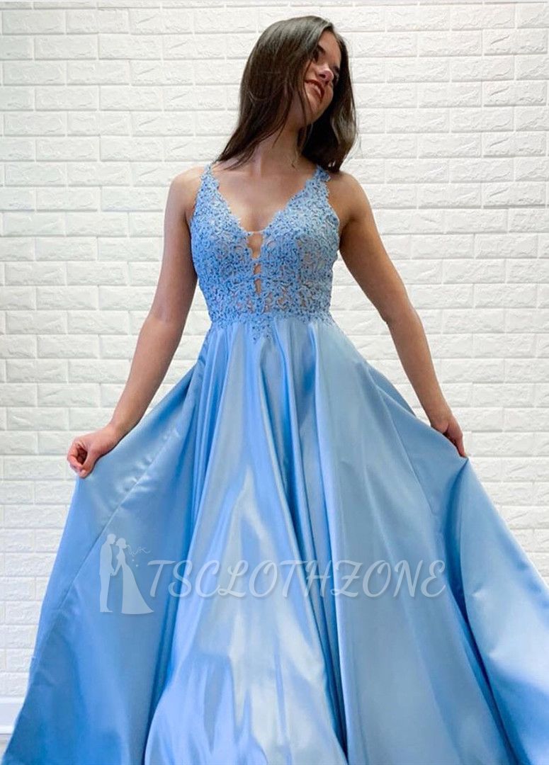 Stylish Straps Lace Beading Prom Dress | Sexy Deep V Neck Long Prom Gown