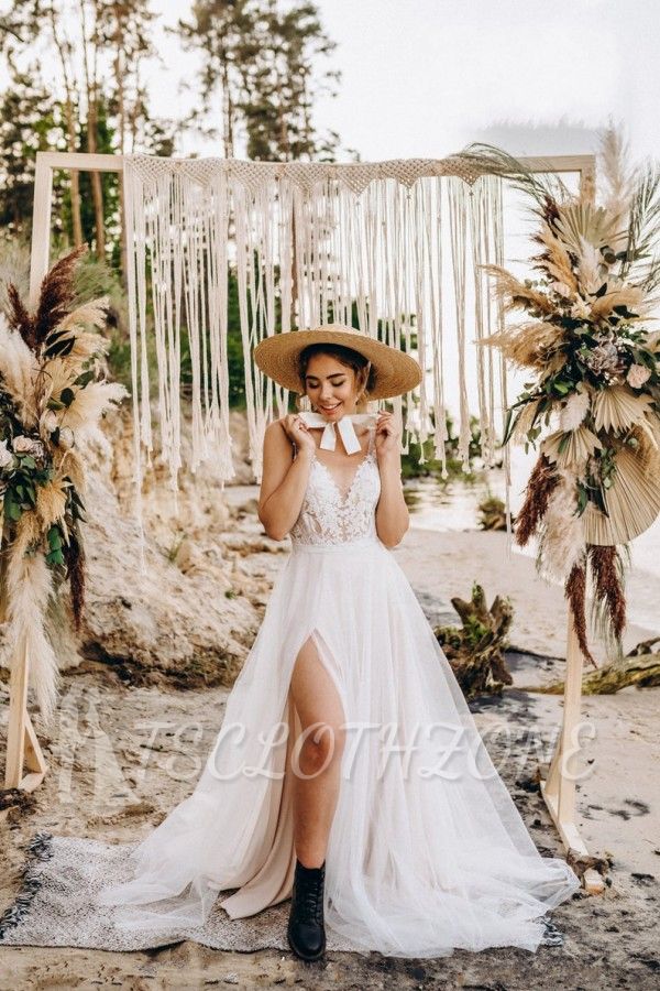 Boho tulle white beach sleeveless long flowy wedding dress