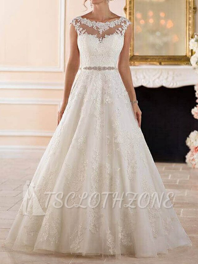 Glamorous A-Line Wedding Dress Bateau Lace Cap Sleeve See-Through Bridal Gowns Illusion Detail with Sweep Train