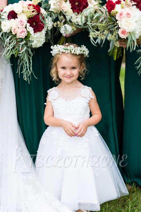 Elegantes Juwel ärmellose Spitze Applique Blumenmädchenkleider | Hochzeitskleid für Mädchen