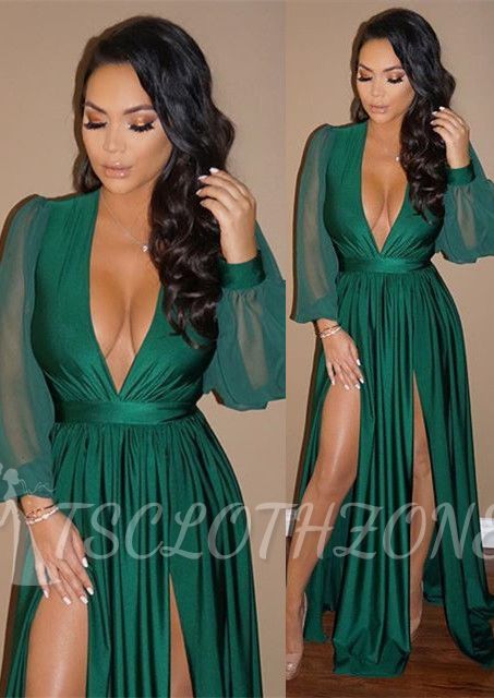 Elegant V-Neck Long Sleeve Prom Dress Green Split Long Evening Gowns