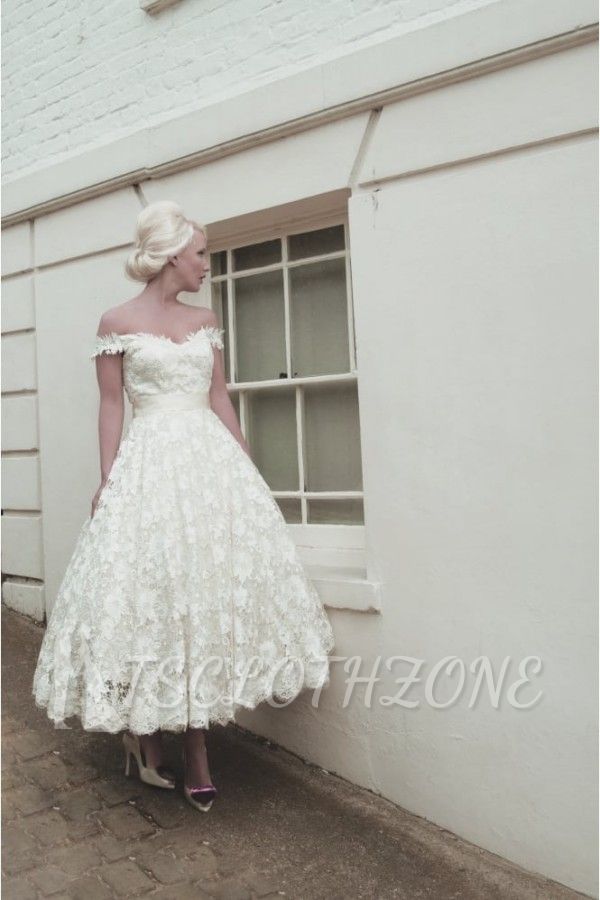 Off Shoulder Floral Lace Wedding Dress Aline Ankle Length Garden Bridal Dress