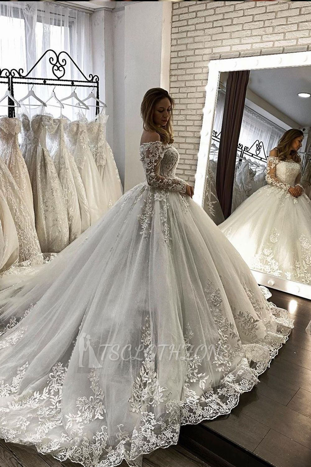 Romantic Off Shoulder Lace Ball Gown White Spring Bridal Gown Long Sleeves