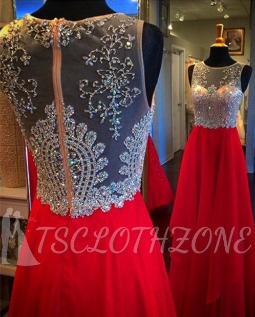 Elegant A-Line Chiffon Long Prom Dress with Beading Red Crystal Zipper Evening Gown