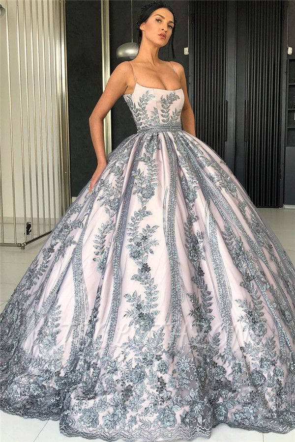 Spaghettiträger Silber Grau Spitzenapplikationen Abendkleider | Luxus-Prinzessin-Ballkleid-Abschlussballkleid 2022