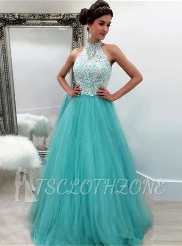 Lace Tulle Sleeveless High-Neck A-line Elegant Evening Dress