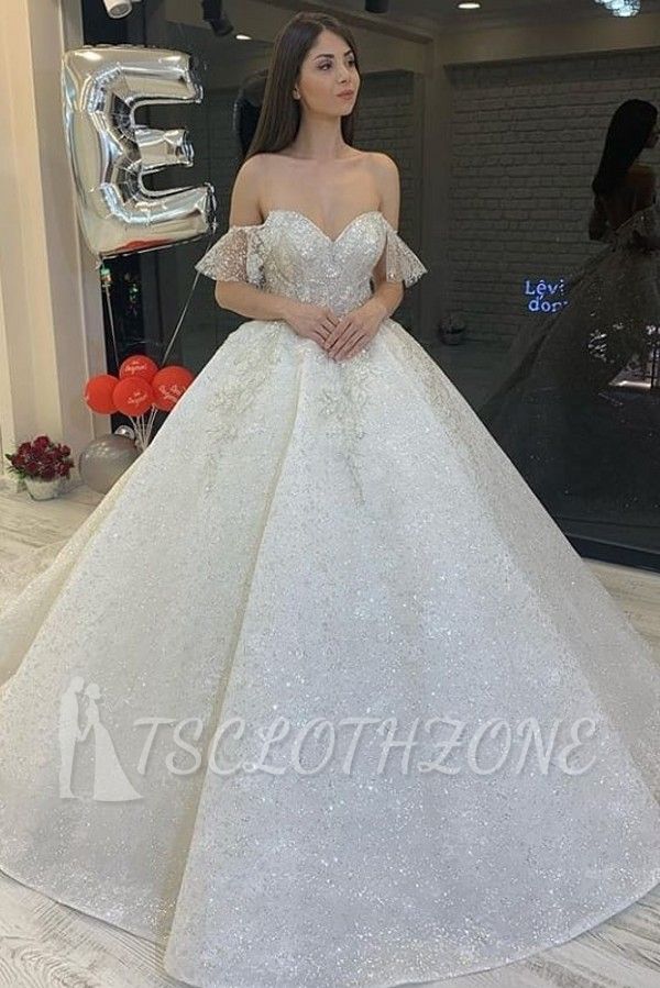 Glitter Off Shoulder Backless Ball Gown Wedding Dress
