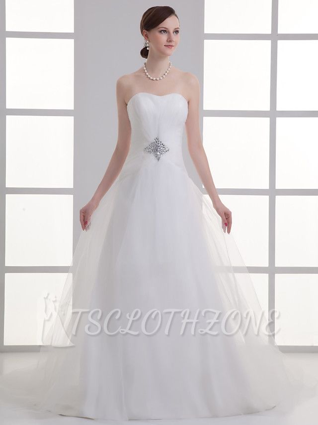 Boho A-Line Wedding Dress Sweetheart Lace Satin Strapless Bridal Gowns with Chapel Train