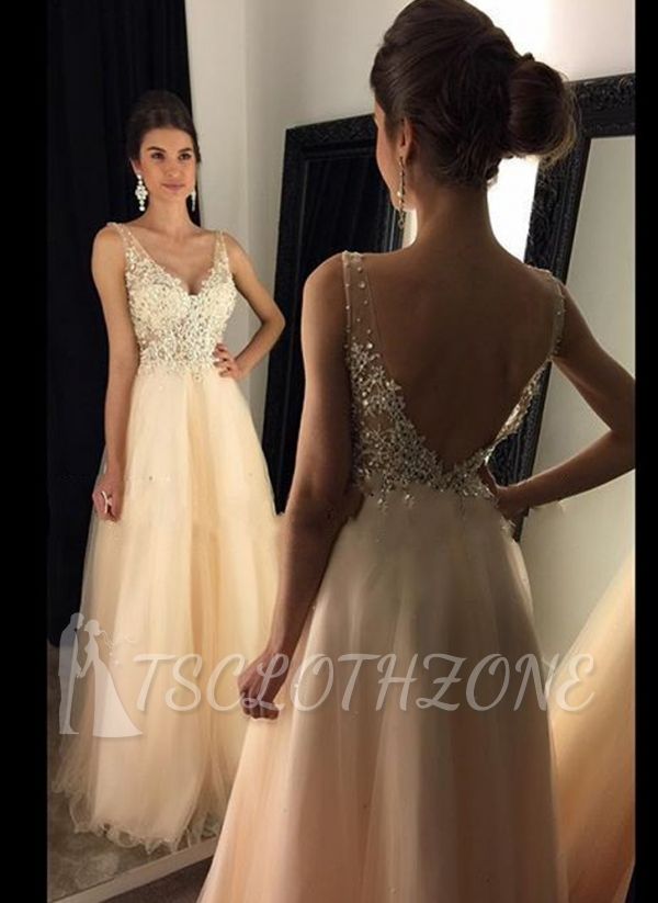 Open Back Lace Champagne Evening Gowns Cheap V-Neck A-line Beaded Long Prom Dresses 2022