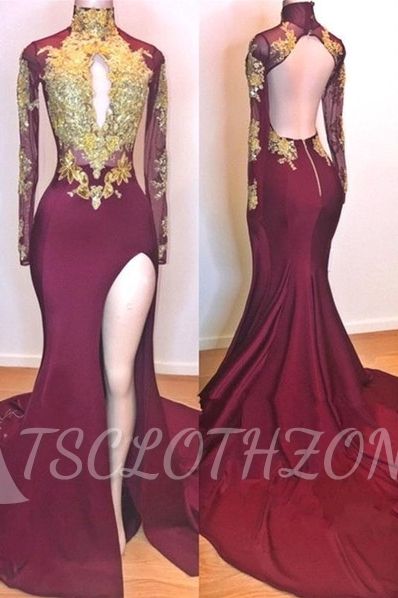 Burgundy Gold Appliques Evening Gowns | Long Sleeves Side Slit Open Back Mermaid Prom Dresses