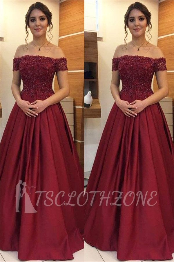 Maroon Off-the-Shoulder Applique Prom Dresses | Sparkly Beads Ruffles Sleeveless Sexy Evening Dresses