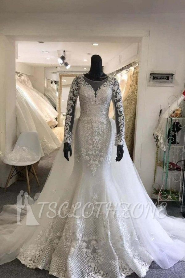 Long sleeves V-neck Tulle White Mermaid Dresses for Wedding