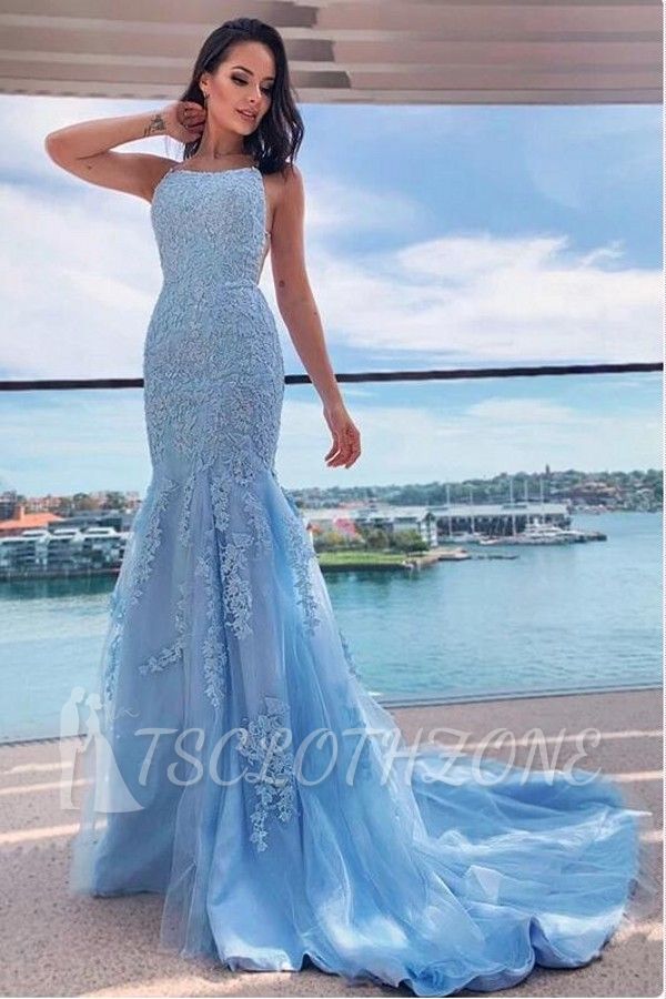 Spaghetti Straps Sky Blue Lace Tull Mermaid Party Gown Prom Wear Dress