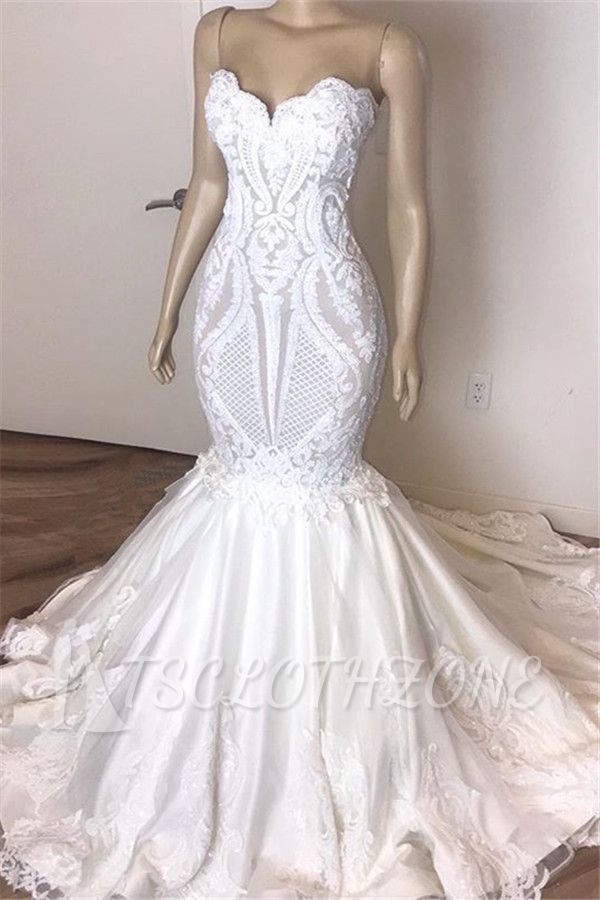 Elegant Sleeveless Sweetheart Lace Appliques Mermaid Slim Bridal Wedding Dress