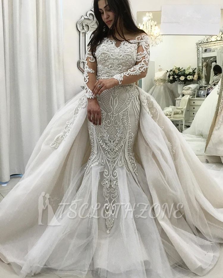 Gorgeous Long Sleeve Lace Mermaid Bridal Gowns Detachable Train | Ruffles Wedding Gowns