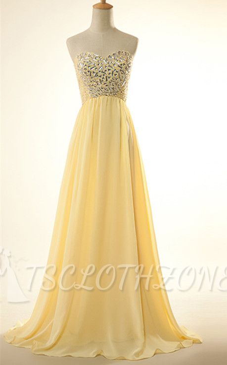 2022 New Arrival Sweetheart Yellow Long Prom Dress Rhinestones Chiffon Lace-Up Plus Size Gowns