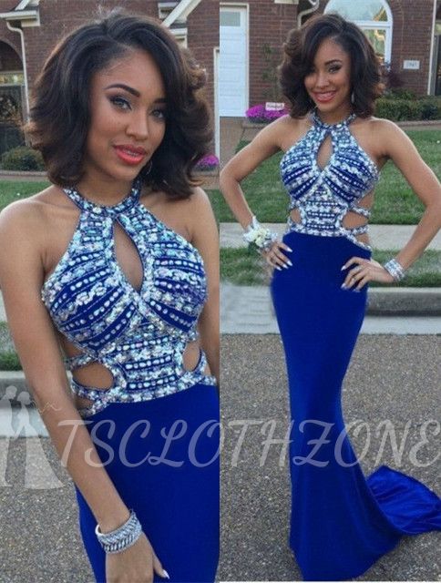 Sexy Sheath Prom Dresses 2022 | Royal Blue Crystal Sleeeveless Evening Gowns